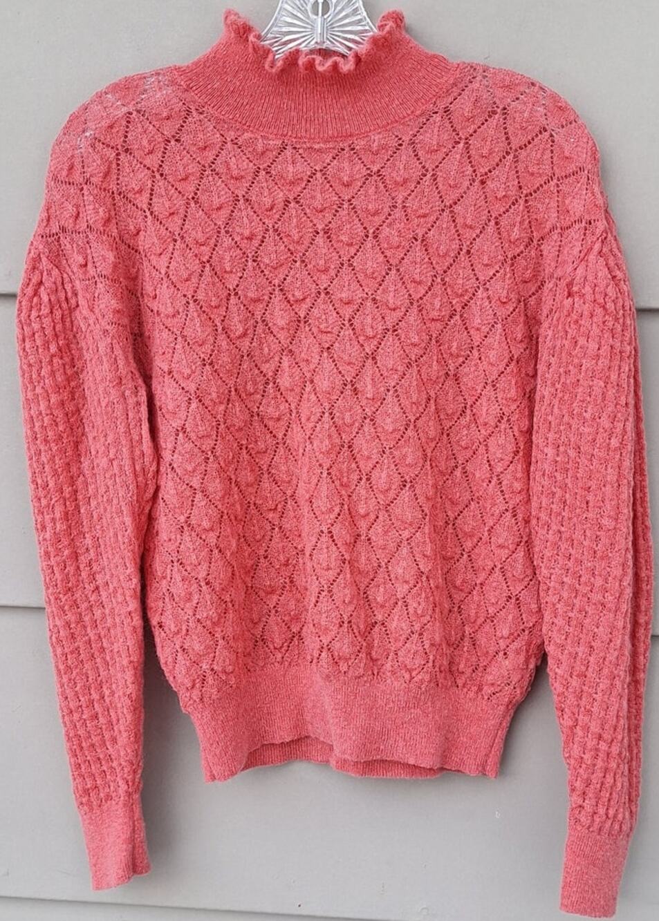 Knitted & Knotted Anthropologie Helga Mock Neck Coral Pink Puff Sleeve Sweater S
